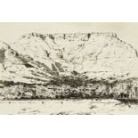 Tinus de Jong, South African 1885-1942- Cape Town and Table Mountain from the Bay; etching, signed