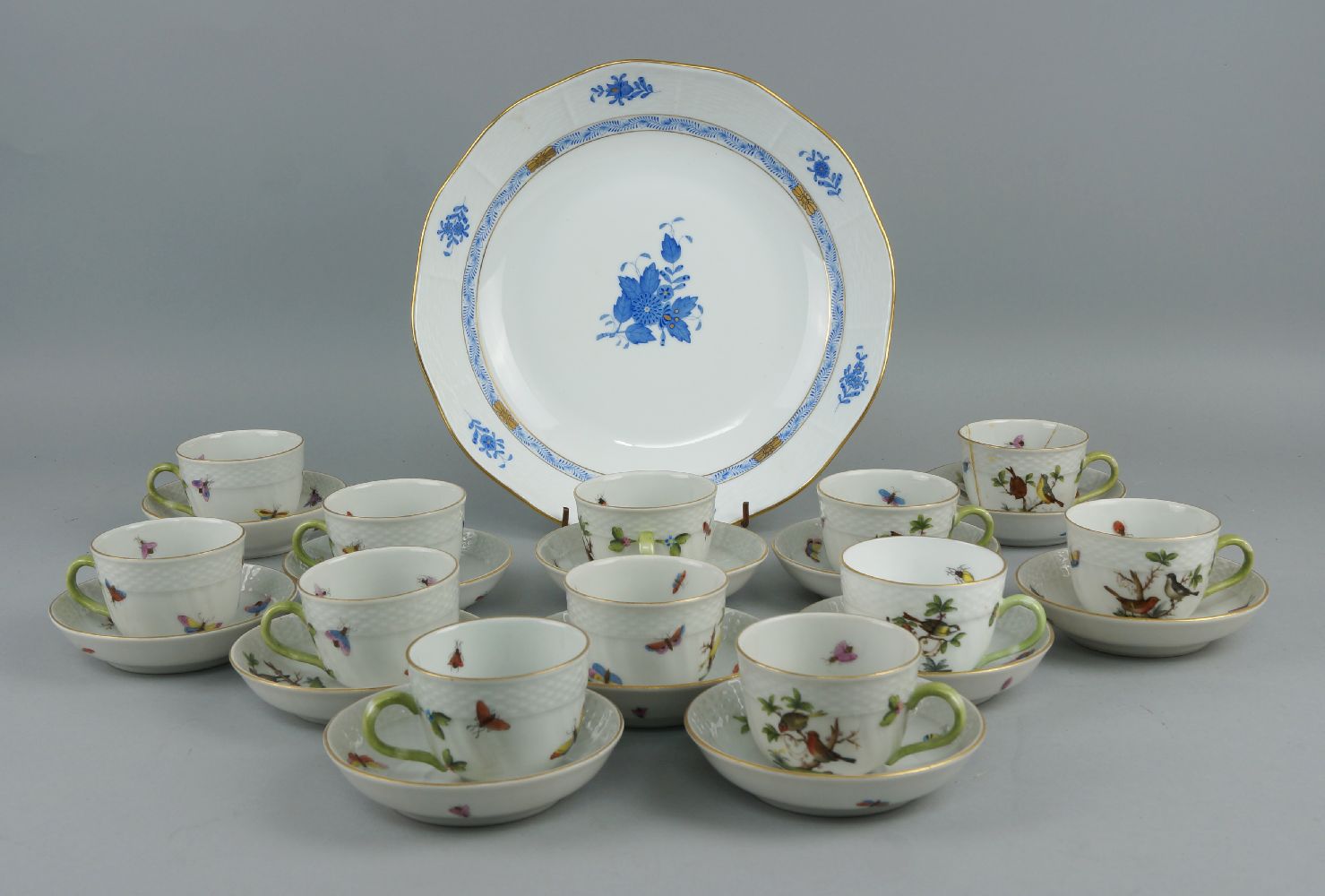 A collection of twelve Herend Rothschild pattern coffee cups and saucers, 20th century, decorated