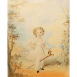 British School, early-mid 19th century- Portrait of a child with a hobby horse; watercolour on paper