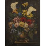 European Provincial School, late 19th/early 20th century- Flowers in an urn on a ledge; oil on