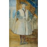 British School, early 19th century- John Board wearing the costume of a knight c.1725; watercolour