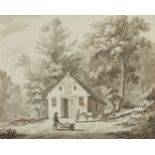 British School, late 18th century- Workman with a barrow by an early industrial building; pen and