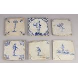 A collection of six Dutch tin glazed earthenware tiles, 17th/18th century, mostly with figurative