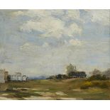 Dorothy E Stenhouse, early 20th century- Landscape study with a tower in the distance; oil on