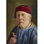 Walter Roessler, German 1893-1960- Man in a Fez smoking a pipe; oil on panel, signed and