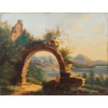 Italian School, late 19th century- Ruined arch on the banks of the sea; oil on canvas, laid down