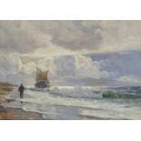 Holger Peter Suave Lubbers, Danish 1850-1926- Figure on a shore with a grounded ship; oil on canvas,