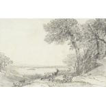 Attributed to John James Cotman, British 1814-1878- Landscape with deer; pencil, image 12.2x18.