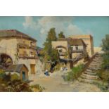 Manner of Petr Pterovic Belousov, Russian 1912-1989- View of a farmyard; oil on canvas, signed