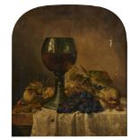 E M H Cox, British, late 19th/early 20th century- Still life of a goblet, grapes, a peach and an