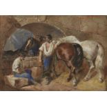 Attributed to Charles Cattermole RI, British 1832-1900- Two figures with a horse in a stable;