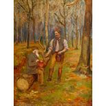 French School, late 19th century- Two men resting in a woodland setting; oil on canvas, 45.2 x 35.