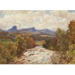 Herbert Edward Pelham Hughes-Stanton PRWS, British 1870-1937- River landscape with mountains in
