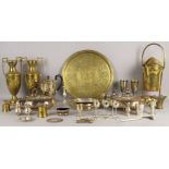 A collection of assorted silver plate, metalware and brass, including six silver plated liquor