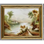An English porcelain plaque, depicting Lake Killarney, Ireland, 19th century, with a couple