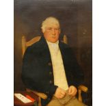 British School, mid 19th century- Portrait of a man, half-length, seated holding a pair of