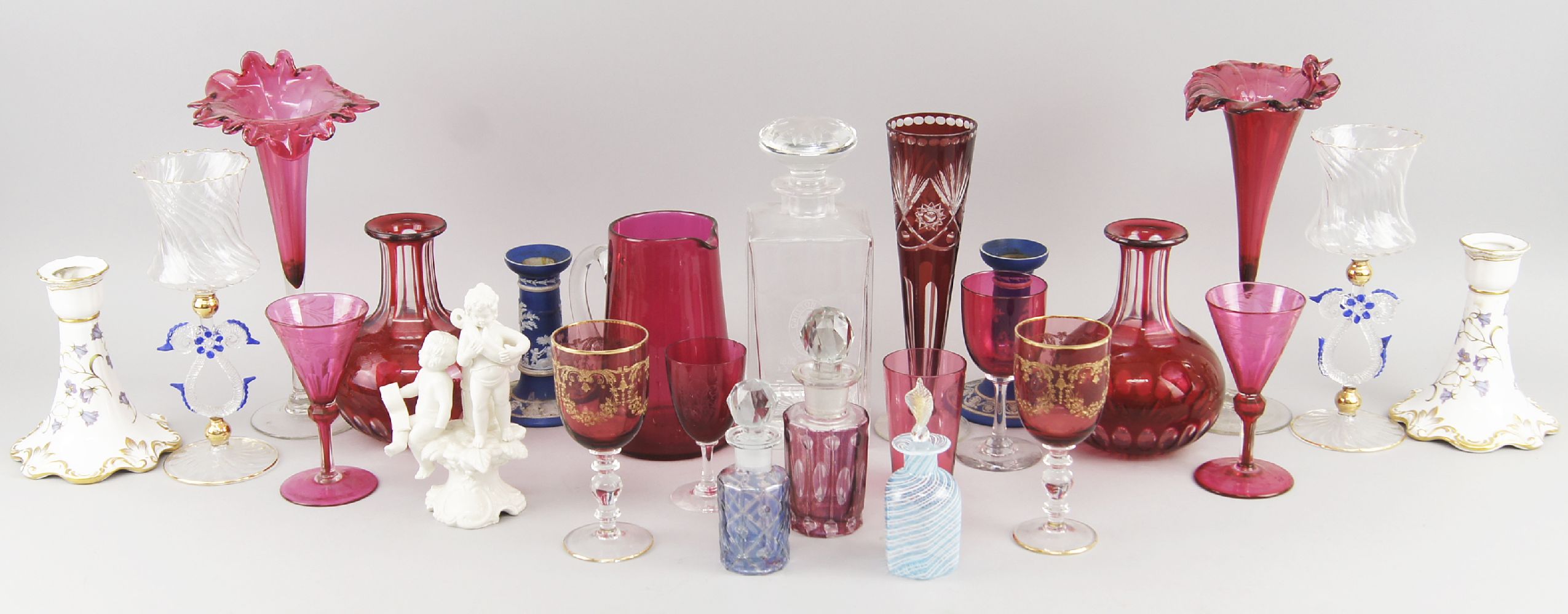 A pair of Venetian type drinking glasses, 22xm high, together with a collection of domestic