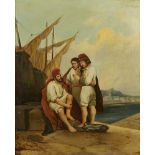 Italian School, mid 19th century- Three Neapolitan fishermen on a quayside; oil on canvas, signed