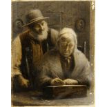 Wilkinson, British, late 19th century- Old couple within an interior; grisaille oil on paper laid