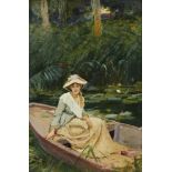Robert Sauber RBA VPMRS, British 1868-1936- Water Lilies; oil on panel, signed, 25.5x18.5cmPlease
