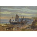 Charles Brooke Branwhite, British 1859-1929- Fisherfolk with beached fishing vessels at dusk;