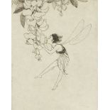 Margaret M Rudge, British 1885-1972- Fairy smelling the scent of a flower; etching, signed in