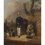R Mayers, British, early-mid 19th century- Sportsman with gun, Gillie, horse & dogs; oil on