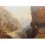 Charles Frederick Buckley, British 1812-1869- Alpine scene with figures on a river causeway;