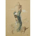 William Weintraub, American b.1926- Girl with basket on her head, Israel, 1958; watercolour, signed,