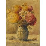 Gustave Helinck, Belgian 1884-1954- Floral still life with chrysanthemums in a vase; oil on