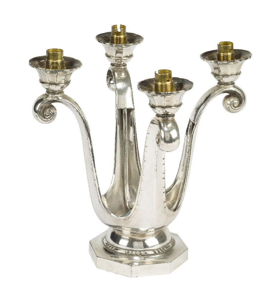 A silver-plated four branch electric candelabrum, by Christofle, the design attributed to Süe et