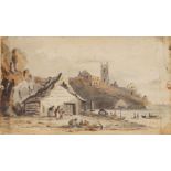 British School, late 18th century- House on the shore of the beach; watercolour over traces of black