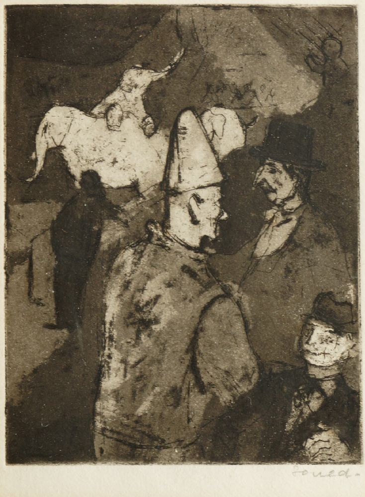 Soued, mid-late 20th century- Circus figures; drypoint etching and aquatint; signed in pencil, plate