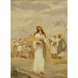 Anker Lund, Danish 1840-1922- North African scene with a lady standing full-length holding a