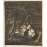 Louis Bernard, French 1690-1720- The Adoration of the Shepherds, after Rembrandt; mezzotint on laid,