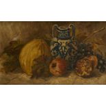 E M H Cox, British School, mid/late 19th century- Still life of fruits and a blue and white