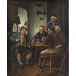 J Micotta, Italian, late 19th/early 20th century- Tavern scene with figures by a table; oil on