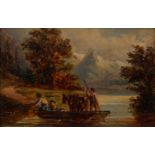 British School, mid 19th century- Figures ferrying three horses across a river; oil on board, signed