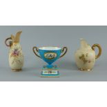 Two Royal Worcester blush ivory jugs, early 20th century, one with a lower squat form globular body,