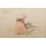 Lady Eliza Rolleston, British exh 1907-1918- Study of a young girl seated on a beach in a red coat