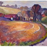 Fyffe Christie, British 1918-1979- Farm and Fields in Spring, 1977; oil on canvas, signed and dated,