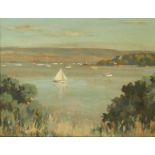 Frank Jameson, British 1899-1968- Sail boats in a harbour; oil on panel, signed, 35.5x45.5cm (ARR)in