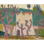 Jessica Dismorr, British 1885-1939- House and trees; oil on canvas laid down on canvas, signed,