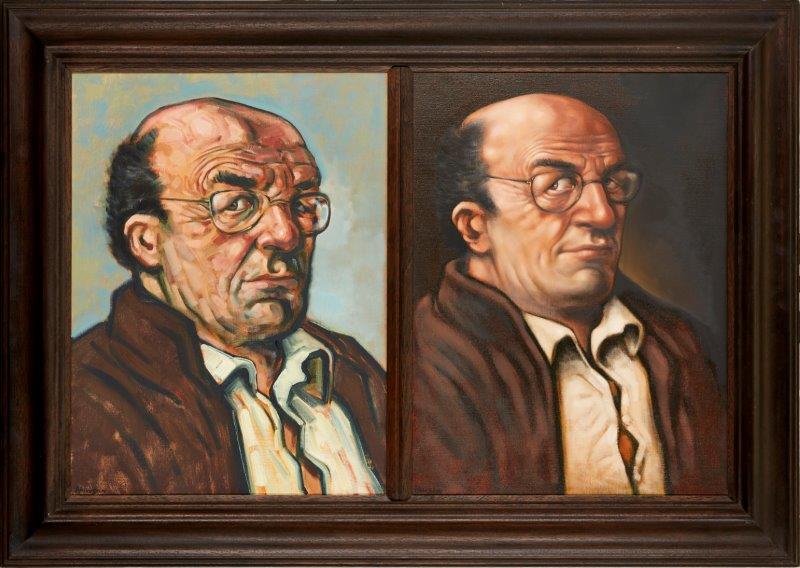 Peter Howson OBE, Scottish b.1958- Portrait of Bob Heller; oil on canvas, diptych, both signed, - Image 2 of 2