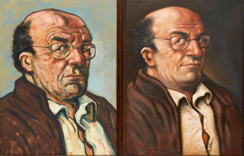 Peter Howson OBE, Scottish b.1958- Portrait of Bob Heller; oil on canvas, diptych, both signed,