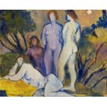 Fyffe Christie, British 1918-1979- Four Figures in Sun Landscape, 1974; oil on board, signed and