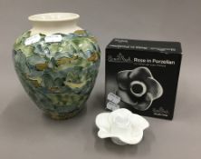 A Moorcroft type vase and a Rosenthal Rose