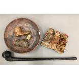 A quantity of ethnographic items, including a tribal club, a Chinese carved horn cup, etc.
