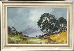 GEORGE R DEAKINS, Figure in a Rural Landscape, oil on board, signed and framed.