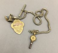 A 9 ct gold Heart of Oak Benefit Society fob medal, on a plated chain with two fob seals,